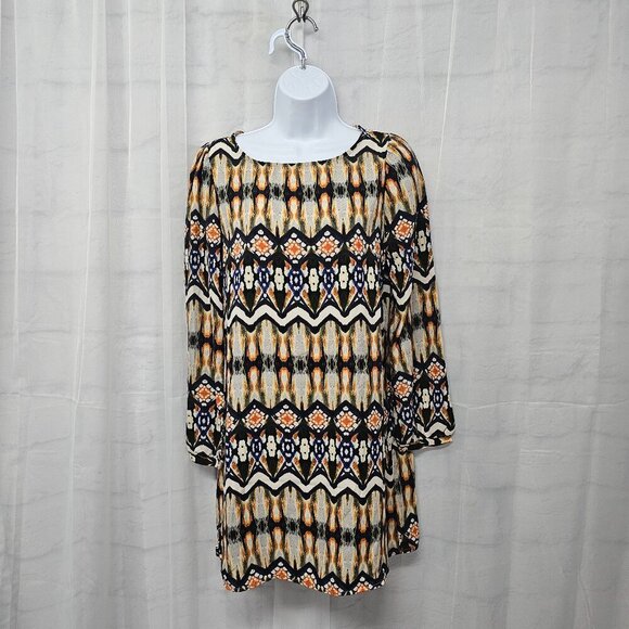 Honey Punch Black Multi-Color Abstract Boho Retro Tunic Blouse Mini Dress S - Picture 1 of 10